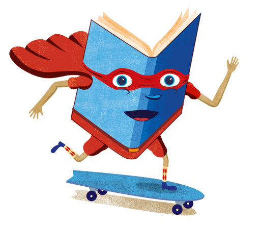 Lesesommer XXL - Schriftzug ber einem Comic-Buch-Maskottchen mit rotem Umhang und Sonnenbrille auf einem Skateboard